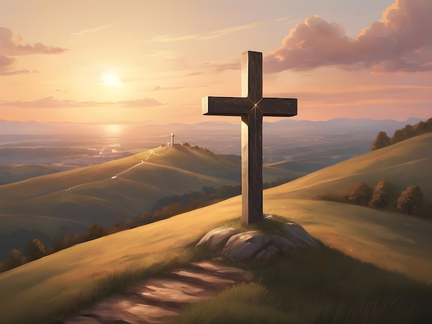 Sfondio realistico di una croce di legno in piedi su una collina da Alim Graphic