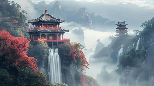 Sfondio realistico Tempio del cielo con paesaggio di cascate e sfondo di montagna