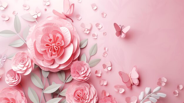 Sfondio rosa con fiori di carta e farfalle