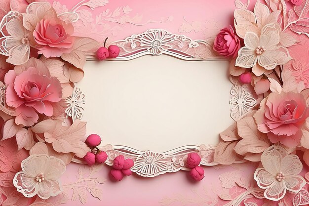 Sfondio rosa vintage con fiori e cornice di pizzo