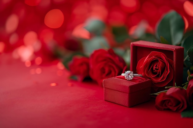 Sfondio rosso con anello di fidanzamento e arco di rose