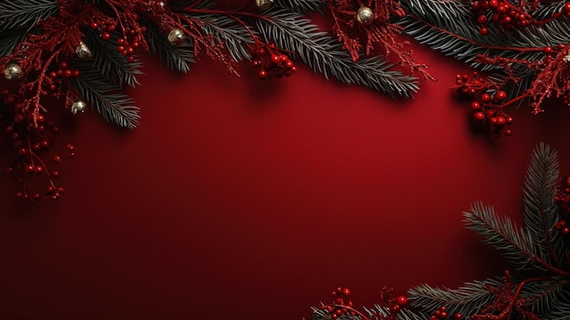 Sfondio rosso decorato con rami di abete di Natale e ornamenti d'oro