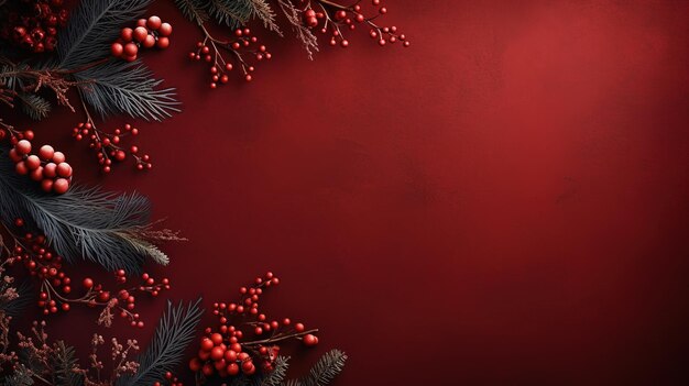 Sfondio rosso decorato con rami di abete di Natale e ornamenti d'oro