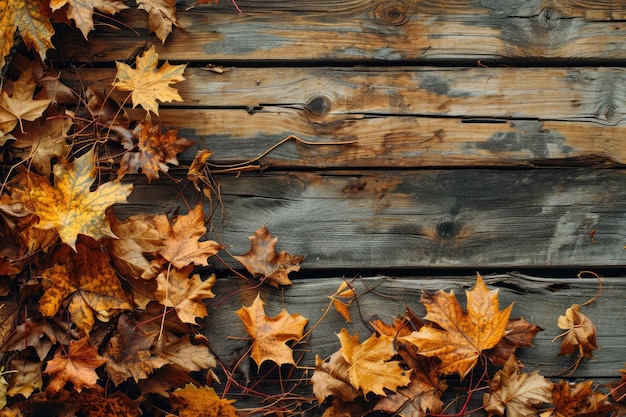 Sfondio rustico d'autunno in legno con consistenza di foglie d'acero autunnali