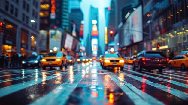 Sfondio sfocato con effetto bokeh della strada di New York al crepuscolo, strada serale con taxi