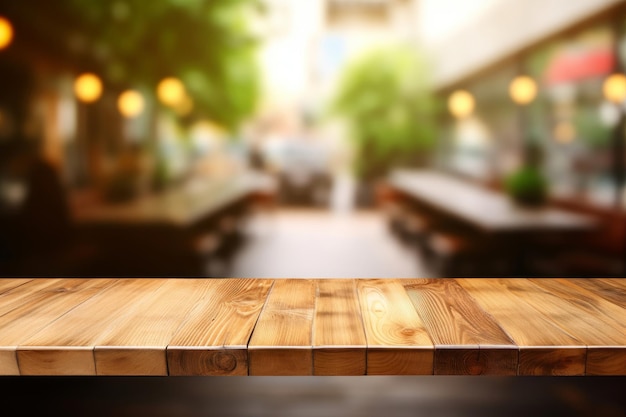 Sfondio sfocato con tavolo in legno per l'esposizione dei prodotti