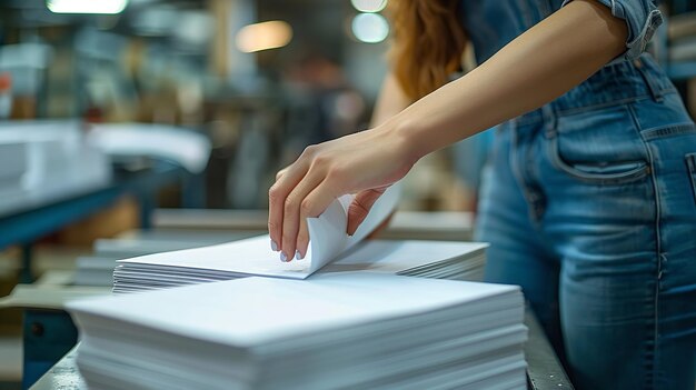 Sfondio sfocato con un primo piano di una persona che controlla la qualità della carta con uno sfondo di fabbrica e spazio per il testo AI generativa