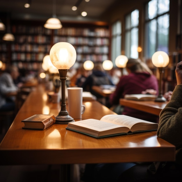 Sfondio sfocato di una biblioteca con persone che studiano