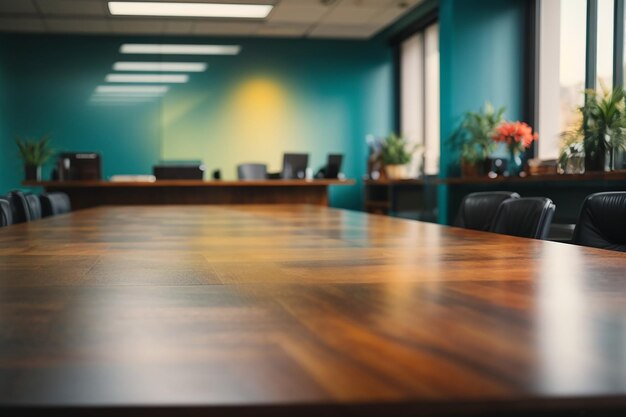 Sfondio sfocato in ufficio con tavolo in legno