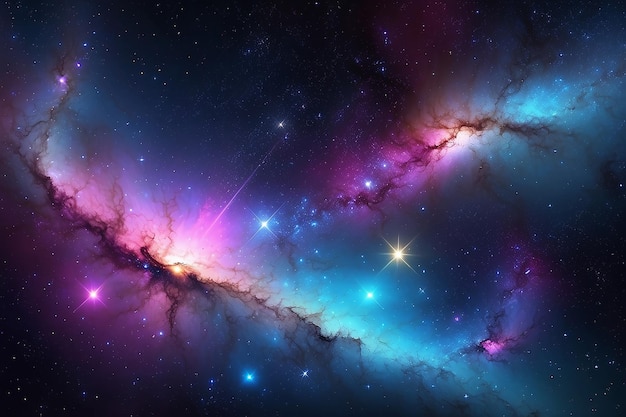 Sfondio spaziale con polvere stellare e stelle luminose Cosmo realistico e colorato con nebulose e Via Lattea
