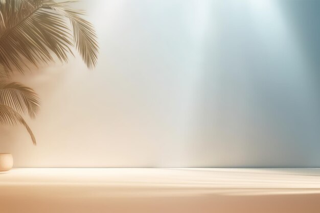 Sfondio studio beige chiaro con ombra di foglie di palma sulla parete Raggi del sole sulla parete