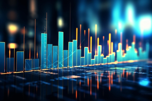 Sfondio tecnologico blu inquadra il grafico del mercato azionario che fonde le tendenze finanziarie e la tecnologia