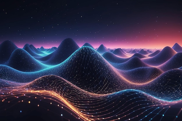 Sfondio tecnologico con punti collegati sul paesaggio d'onda 3D Particelle di scienza dei dati mondo digitale