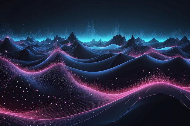 Sfondio tecnologico con punti collegati sul paesaggio d'onda 3D Particelle di scienza dei dati mondo digitale