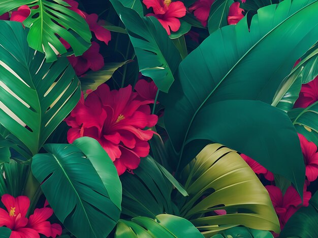 Sfondio tropicale senza cuciture con foglie di palma verdi e fiori di ibisco generativo ai