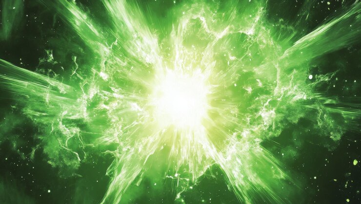 Sfondio verde con effetti lucidi e linee che mostrano una bella illustrazione con un'esplosione stellare