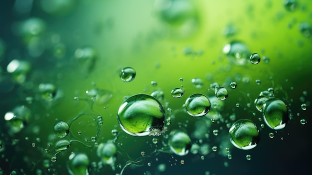 Sfondio verde con gocce sulla superficie con gocce di gel di bellezza trasparente su verde