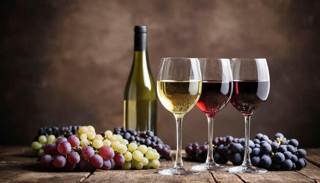 Sfondio vino bicchieri di vino rosso e bianco su uno sfondo rustico