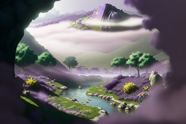 Sfondio viola acquerello cinese paesaggio illustrazione montagna fiume erba carta da parati anime