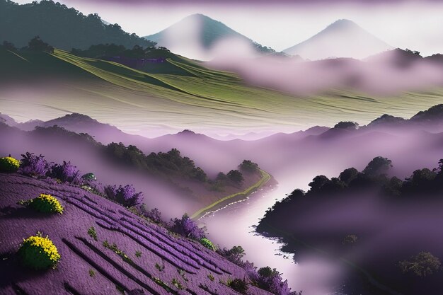 Sfondio viola acquerello cinese paesaggio illustrazione montagna fiume erba carta da parati anime