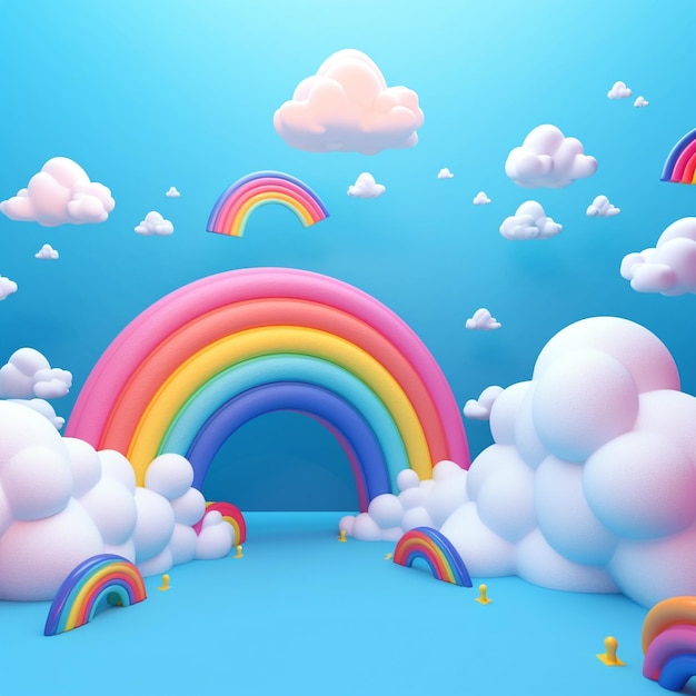 sfondo 3D con un arcobaleno e nuvole in blu nello stile di sketchfab carino e colorato