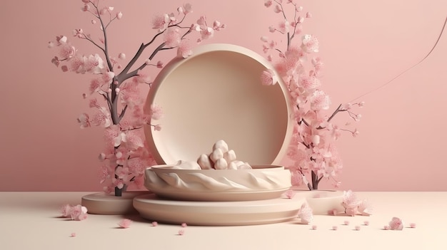 Sfondo 3D display podio beige Sakura fiore rosa ramo di un albero Generativo Ai