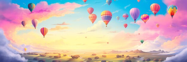sfondo acquerello stravagante cielo pieno di palloncini colorati che trasmettono un senso di avventura