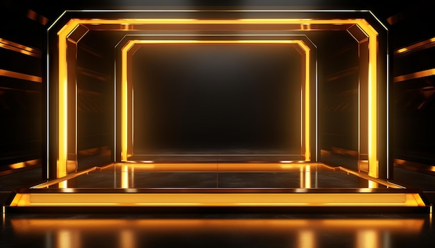 sfondo al neon cornice 3d su buio nello stile di scenografie minimaliste gialle e bronzo