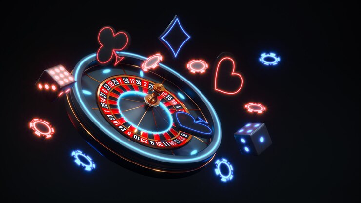Sfondo al neon del casinò con roulette e fiches da poker che cadono Foto Premium.