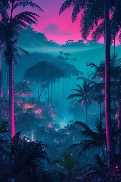 Sfondo al neon della foresta tropicale di notte con la città