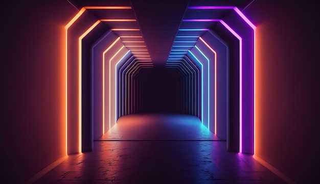 Sfondo al neon geometrico astratto con cornice incandescente luce laser tunnel scuro backgroud futuristico