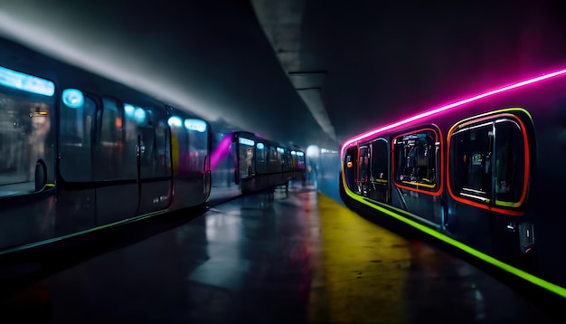 Sfondo al neon moderno Metropolitana moderna metropolitana notturna Riflessione della luce al neon Illustrazione 3D di asfalto bagnato