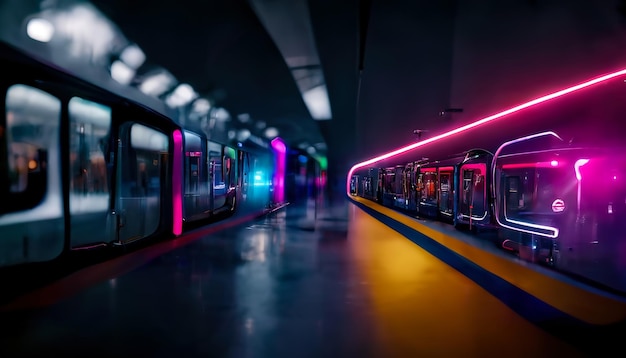 Sfondo al neon moderno Metropolitana moderna metropolitana notturna Riflessione della luce al neon Illustrazione 3D di asfalto bagnato