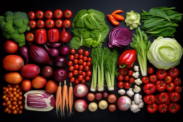 Sfondo alimentare con assortimento di verdure biologiche fresche nei colori rosso verde IA generativa