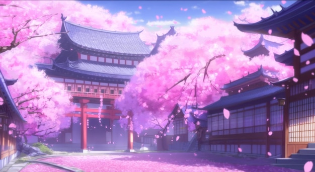 Sfondo anime sakura petalo paesaggio con il cielo