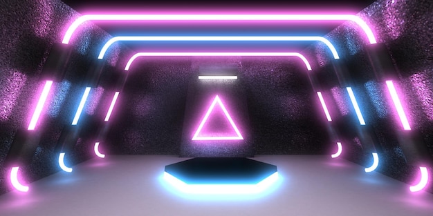 Sfondo astratto 3D con luci al neon costruzione dello spazio del tunnel al neon illustrazione 3d