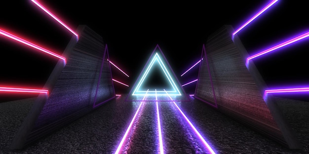 Sfondo astratto 3D con luci al neon costruzione dello spazio del tunnel al neon illustrazione 3d