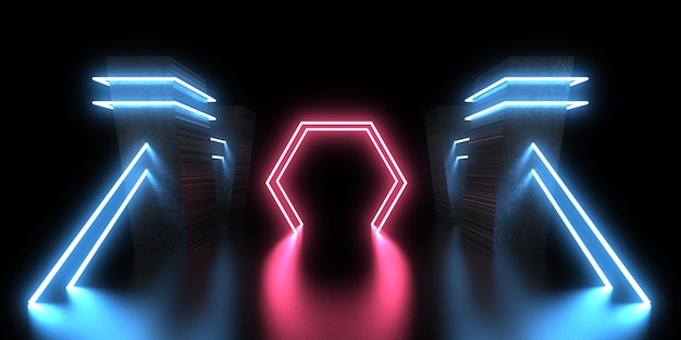 Sfondo astratto 3D con luci al neon costruzione dello spazio del tunnel al neon illustrazione 3d