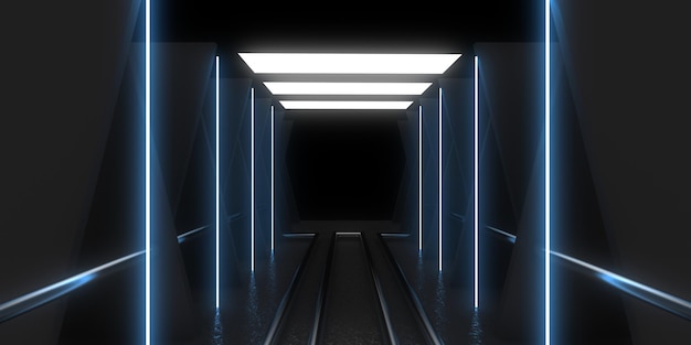 Sfondo astratto 3D con luci al neon costruzione dello spazio del tunnel al neon illustrazione 3d