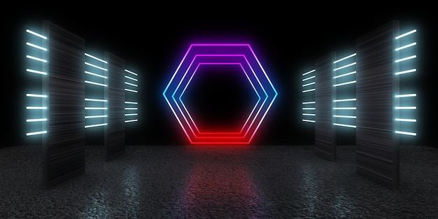 Sfondo astratto 3D con luci al neon costruzione dello spazio del tunnel al neon illustrazione 3d