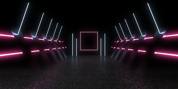 Sfondo astratto 3D con luci al neon. Illustrazione 3D
