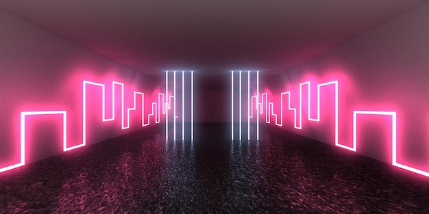 Sfondo astratto 3D con luci al neon. tunnel al neon .costruzione dello spazio. .3d illustrazione3