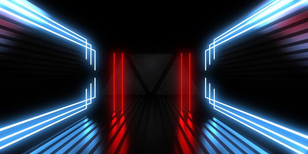 Sfondo astratto 3D con luci al neon. tunnel al neon. costruzione dello spazio. .3d illustrazione3