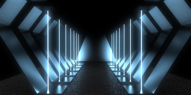 Sfondo astratto 3D con luci al neon. tunnel al neon. costruzione dello spazio. .3d illustrazione