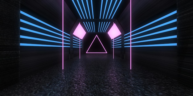 Sfondo astratto 3D con luci al neon. tunnel al neon. costruzione dello spazio. .3d illustrazione