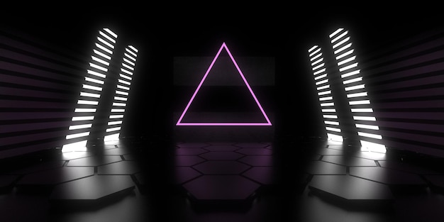 Sfondo astratto 3D con luci al neon. tunnel al neon .costruzione dello spazio. .3d illustrazione