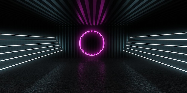 Sfondo astratto 3D con luci al neon. tunnel al neon .costruzione dello spazio. .3d illustrazione