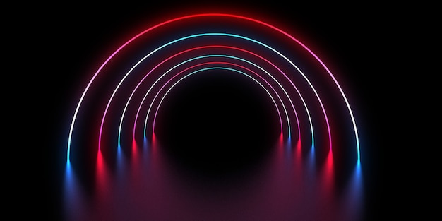 Sfondo astratto 3D con luci al neon. tunnel al neon. costruzione dello spazio. .3d illustrazione