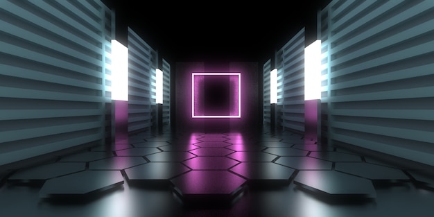 Sfondo astratto 3D con luci al neon. tunnel al neon. .costruzione spaziale . .3d illustrazione3