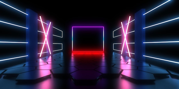 Sfondo astratto 3D con luci al neon. tunnel al neon. .costruzione spaziale . .3d illustrazione